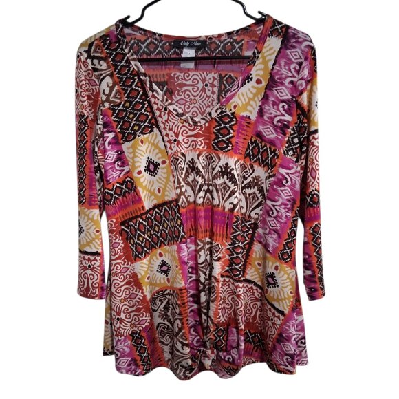 Only Nine Tops - Only Nine XL Vibrant Boho Patchwork Print V-Neck 3/4 Sleeve Top